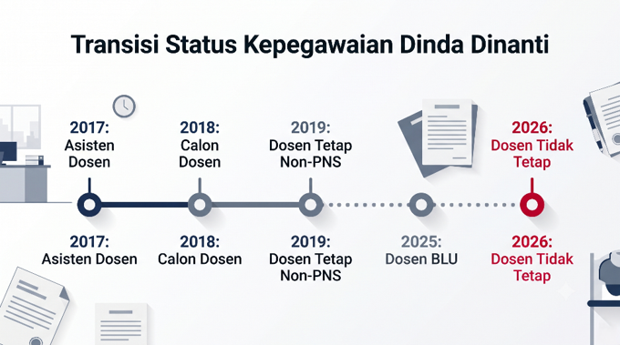 Timeline infografis transisi status Bu Dinda Dinanti